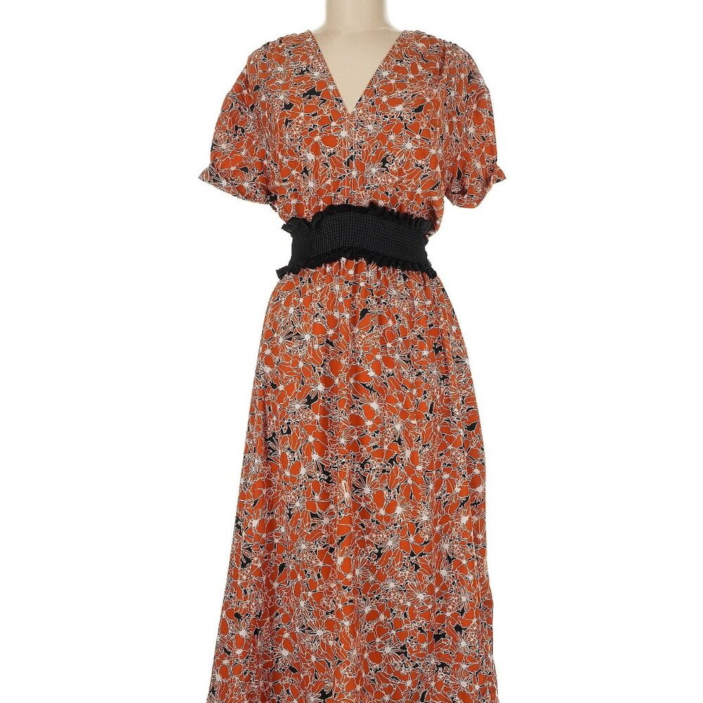 Floral V-Neck Orange Midi Dress with Smocked Waist